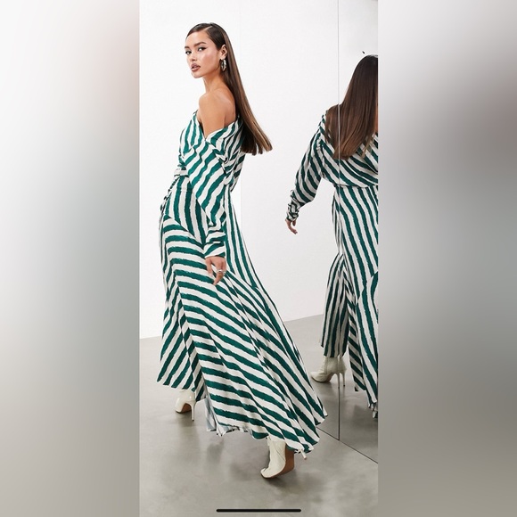 ASOS EDITION fallen shoulder midaxi dress in green stripe - Picture 2 of 6